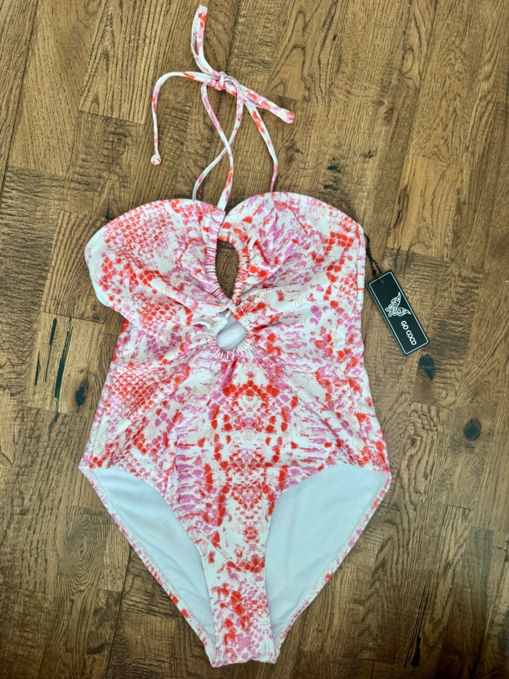 NWT Go CoCo One Piece Swimsuit Halter Pink Orange Women's Size S7